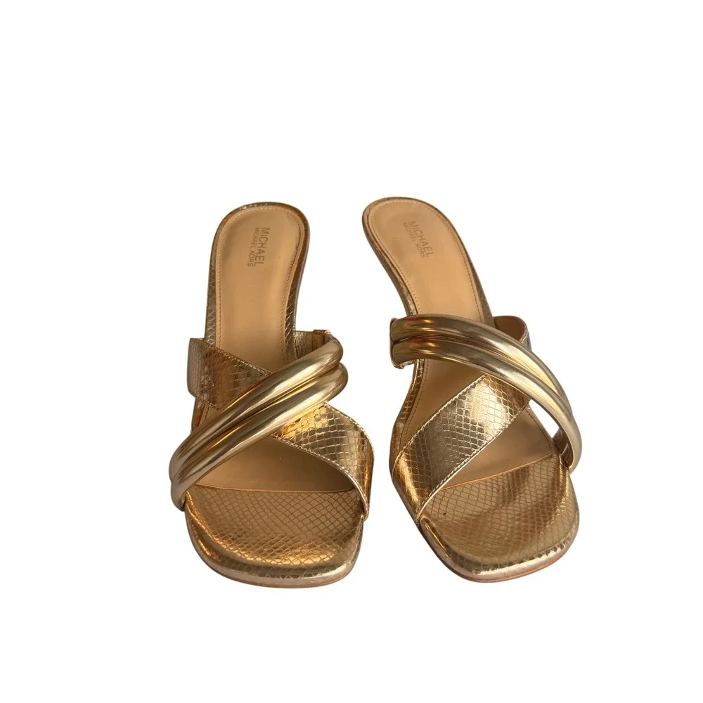 Michael Kors Gold Wedge Sandals Snakeskin Embossed Metallic Mules Womens 9M